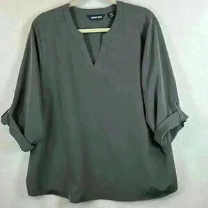 Land's End Women's Blouse Size 20W Gray Polyester 3/4 Sleeves Roll Tabs